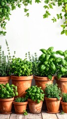 Obraz premium Terracotta Pots with Herbs on Rustic Table Top Against White Wall
