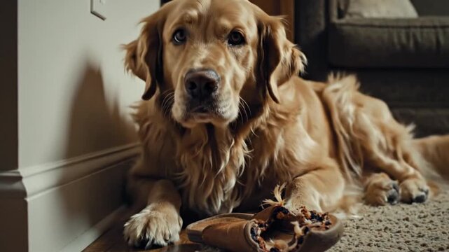 Adorable Golden Retriever Dog Lying Relaxed on Carpet with Chew Toy in Cozy Home Interior