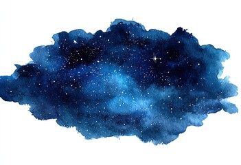 Watercolor nebula, deep blue hues with scattered stars against a white background