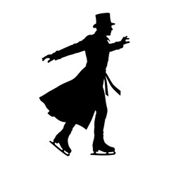 Silhouette of a man in a top hat and long coat ice skating elegantly