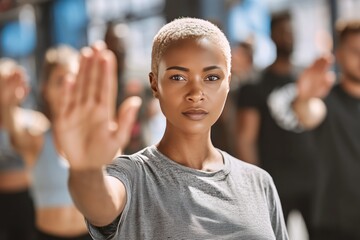Fototapeta premium Woman Leading Fitness Class with Stop Gesture in Gym Setting