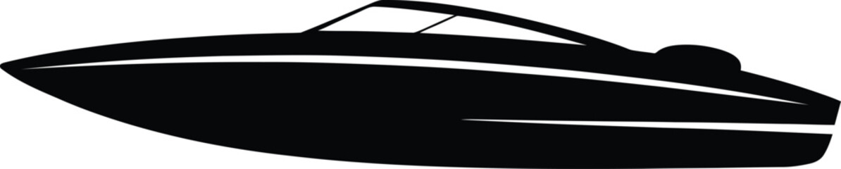 Sleek modern black speedboat silhouette isolated on a clean white background for graphic design purposes © MDmamun