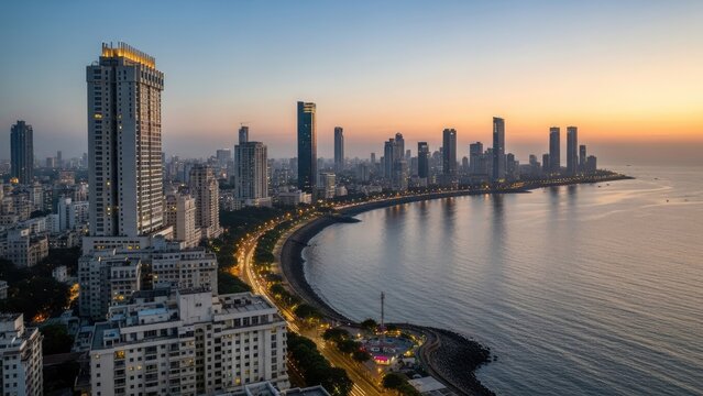 Mumbai skyline aerial view at dawn. Contemporary architecture in coastal Indian city. Cinematic, professional urban photography, vibrant color.