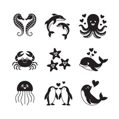 Fototapeta premium Set of lovely ocean animals black silhouette sea life creatures with hearts for valentines day celebration marine mammal cartoon character collection