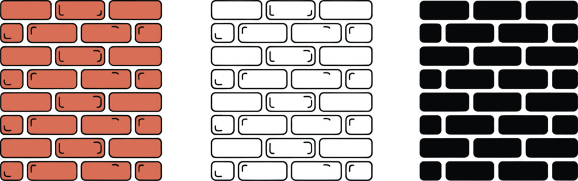 Brick wall silhouette & Outline and illustration set isolated on transparent background