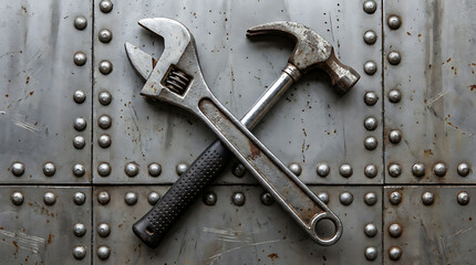 Rusty adjustable wrench and hammer crossed on riveted steel plate background industrial tools