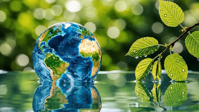 Earth globe with fresh green leaves and water droplets
