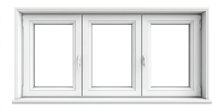 A white triple-pane window with a sill and surrounding trim, set against a blank background
