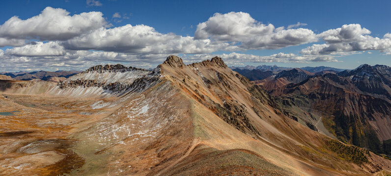 This scenic mountain panorama features San Juan Range 13ers Lookout Peak and T12 located above Ophir Pass between Silverton and Ophir, Colorado.