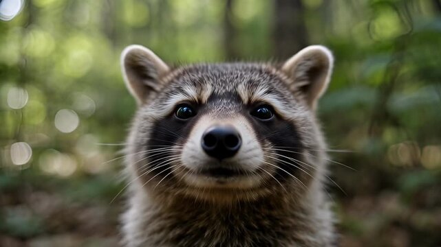Close up portrait of a raccoon in natural woodland environment