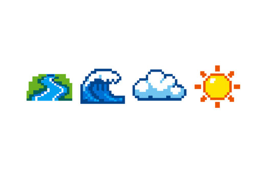 Pixel art weather and nature icons showing a winding river, ocean wave, fluffy cloud, and bright sun arranged in a horizontal row on white