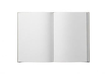 A pair of open, blank, white books resting on a white surface. isolated on transparent background