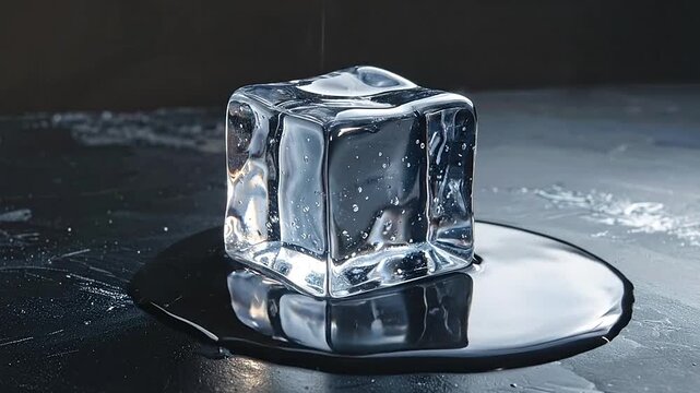 A single clear ice cube is melting on a dark textured surface with water pooling around it