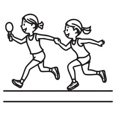 Fototapeta premium Two energetic girls running together in a race, one holding a small paddle, competing friendly on track, active lifestyle, friendship theme