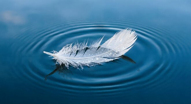 A single white feather floating on calm blue water