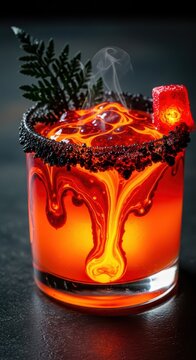 Glowing hot beverage features dark rimming and dramatic swirling liquid effects in a glass.