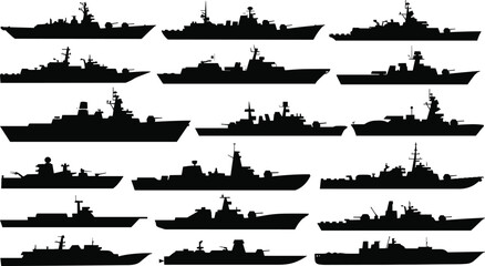 Collection of military warship silhouettes set, naval fleet ships, destroyer frigate cruiser submarine navy vessels black isolated vector style maritime defense illustration © Robul