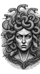 Fototapeta premium Engraved portrait of a fearsome mythical female figure with serpents for hair