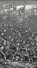 Obraz premium Medieval armored soldiers engage in fierce hand to hand combat beneath numerous military standards near a fortified structure