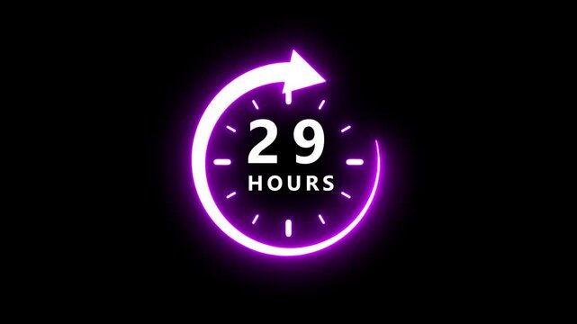Glowing neon purple circular arrow timer showing twenty nine hours with white digital numbers and minute indicators on a black background symbolizing time tracking and availability