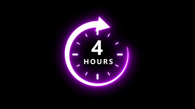 A glowing neon purple circular arrow clock face showing the number four and the word hours against a black background, representing a four-hour time frame or countdown