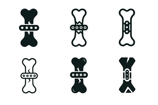 Bone Healing Logos. How bones heal after an injury. Icon set. Set Logo of How bones heal after an injury: bone alignment with metal plate fixation. harmonious