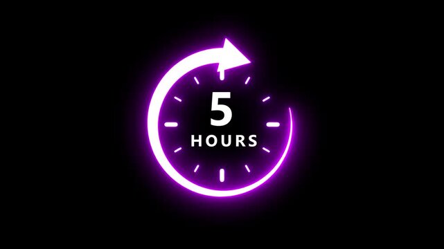 A bright neon purple circular arrow clock face displaying the number five and the word hours on a black background, signifying a five-hour period or time limit