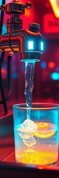 Cybernetic faucet drips luminescent elixir into a clear vessel, urban glow illuminating the vital flow, bio-enhanced refreshment,  tech,  stream