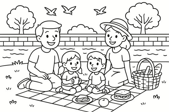 Family Picnic Coloring Page. Picnic by the embankment children?s coloring book illustration, outlined drawing, smiling family having a picnic on the grass