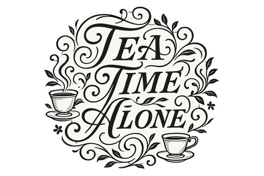 Ornamental Tea Flourish. Flourish Lettering ? "Tea Time Alone" in classic ornamental flourish lettering, medium-thick swashes resembling curling steam and