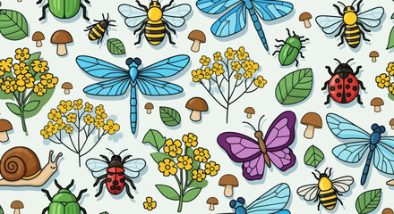 Colorful Insects and Garden Elements Illustration. © Hedasa