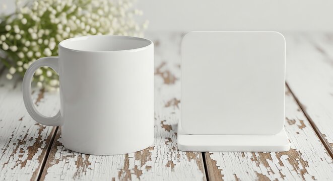 White coffee mug and square coaster on rustic wooden table with flowers