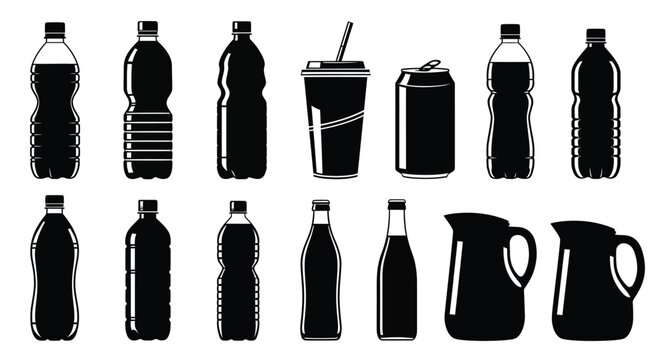 Collection of black and white vector illustrations depicting various beverage containers including plastic bottles and pitchers