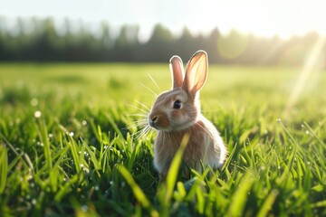 Charming rabbit explores a lush green meadow during a warm afternoon under the glowing sun
