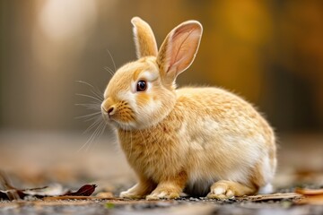 Obraz premium Soft golden rabbit resting peacefully amidst fallen leaves on a vibrant autumn day in the park