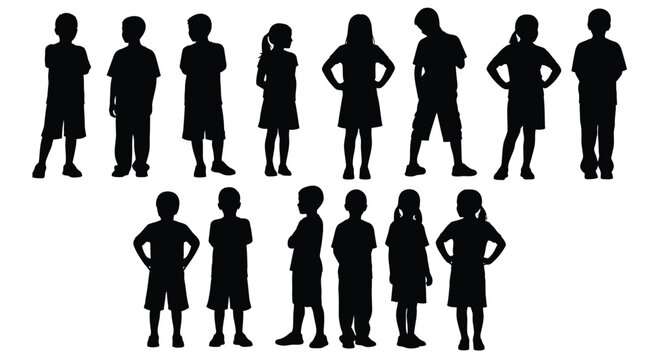 Diverse collection of standing children silhouettes in various casual poses isolated on white