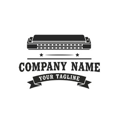 Harmonica musical instrument company logo with stars and banner.