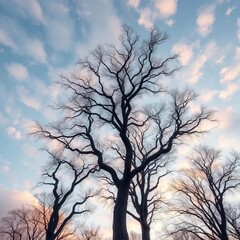 Whispering giants against a cotton candy sky, branches like ethereal ink strokes on a canvas of dawn,  pastel,  soft colors
