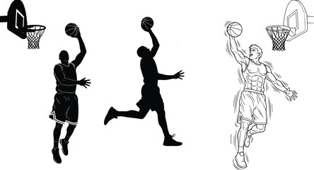 Basketball player silhouettes and line art drawing featuring slam dunk action at the hoop for cad drawing flat vector illustration. © Hello Wolrd