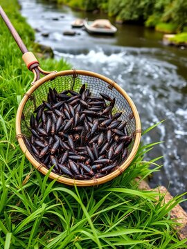 Close-up of a bounty of roaches in a fishing net basket on lush green grass beside a flowing river,  angling,  river