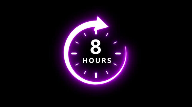 Digital clock with eight hours displayed in white text and a neon purple circular arrow on a black background