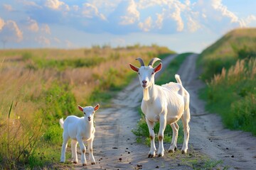 Gentle goats explore a serene dirt path under a vast blue sky filled with fluffy clouds at golden hour