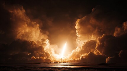 Wide cinematic shot of a missile launching from a ground base at night, massive fire and smoke plume, bright ignition flame lighting the sky, dramatic clouds
