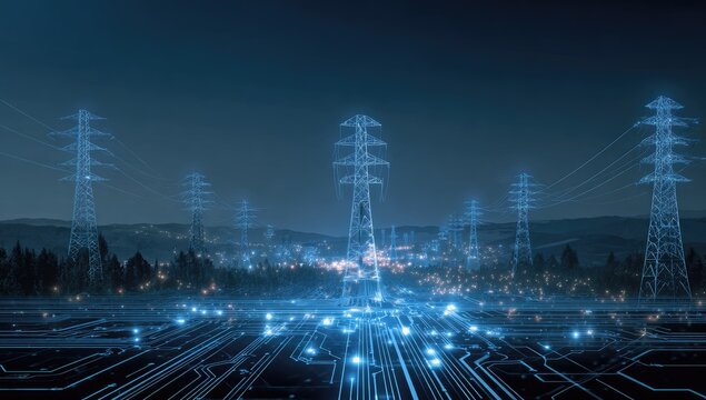 Futuristic energy grid with glowing circuits and power towers