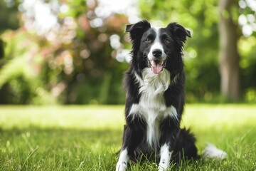 Fototapeta premium Playful border collie enjoying a sunny day in a vibrant garden with soft grass and colorful flowers all around