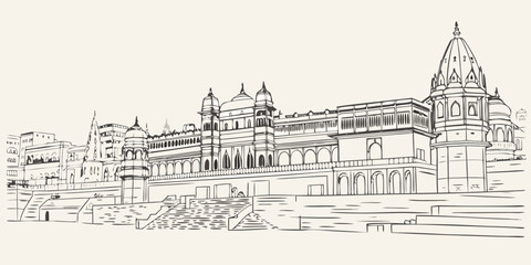 Detailed sketch of a majestic indian palace with surrounding cityscape