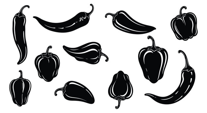 Collection of various spicy chili and bell pepper silhouettes in bold black vector graphic style