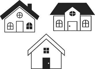 Three simple house illustrations with distinct architectural features