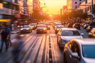 Fototapeta premium Crowded City Street with Motion Blur People and Traffic at Sunset
