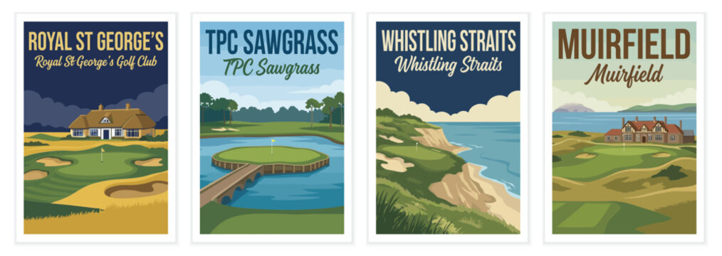 Vintage golf poster set. Including royal st georges england, tpc sawgrass florida, whistling straits wisconsin, and muirfield scotland. Retro vector illustration.